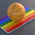 Basketball ball on rainbow flag display smartphone isolated on black background. 3d illustration