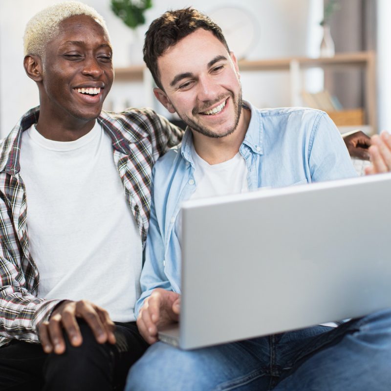 Happy couple of multiracial gays using laptop on couch